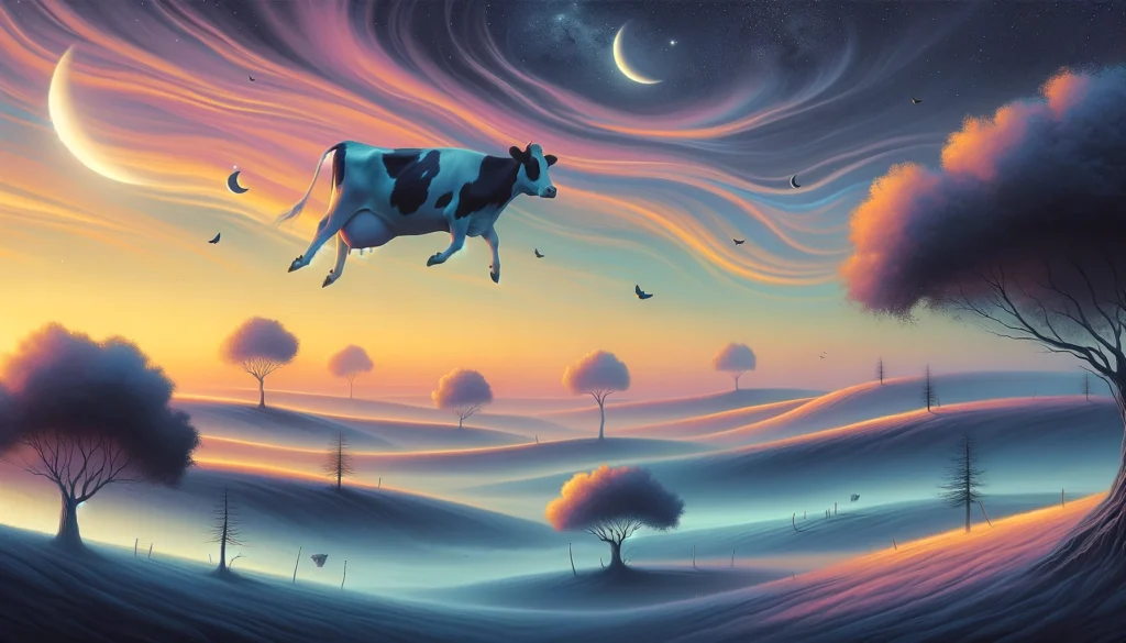 vacas flotando en un paisaje onírico