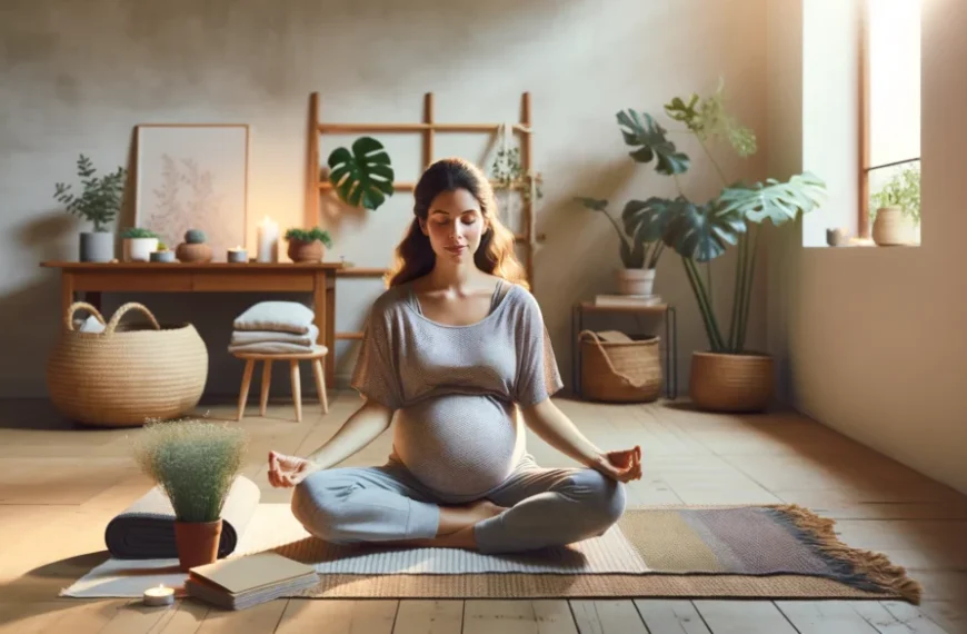 mujer embarazada practicando yoga en un entorno realista para aliviar gases