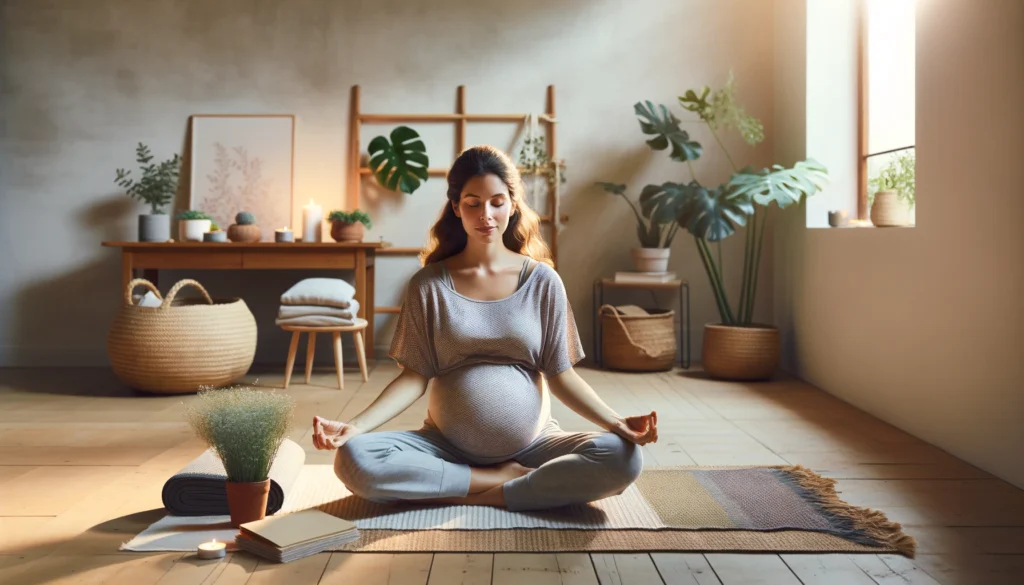 mujer embarazada practicando yoga en un entorno realista para aliviar gases
