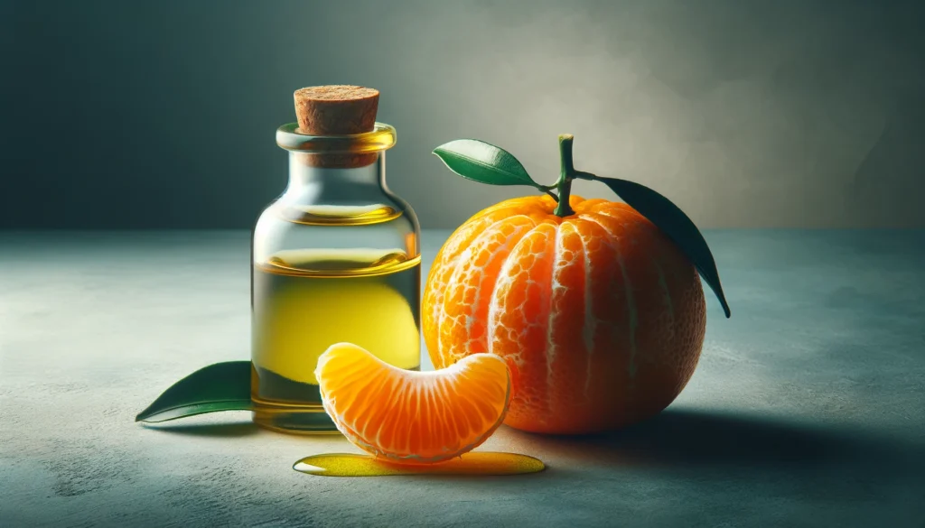 mandarina fresca junto a su aceite esencial