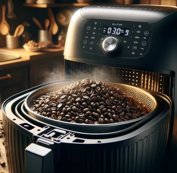 granos de café recién tostados en freidora de aire